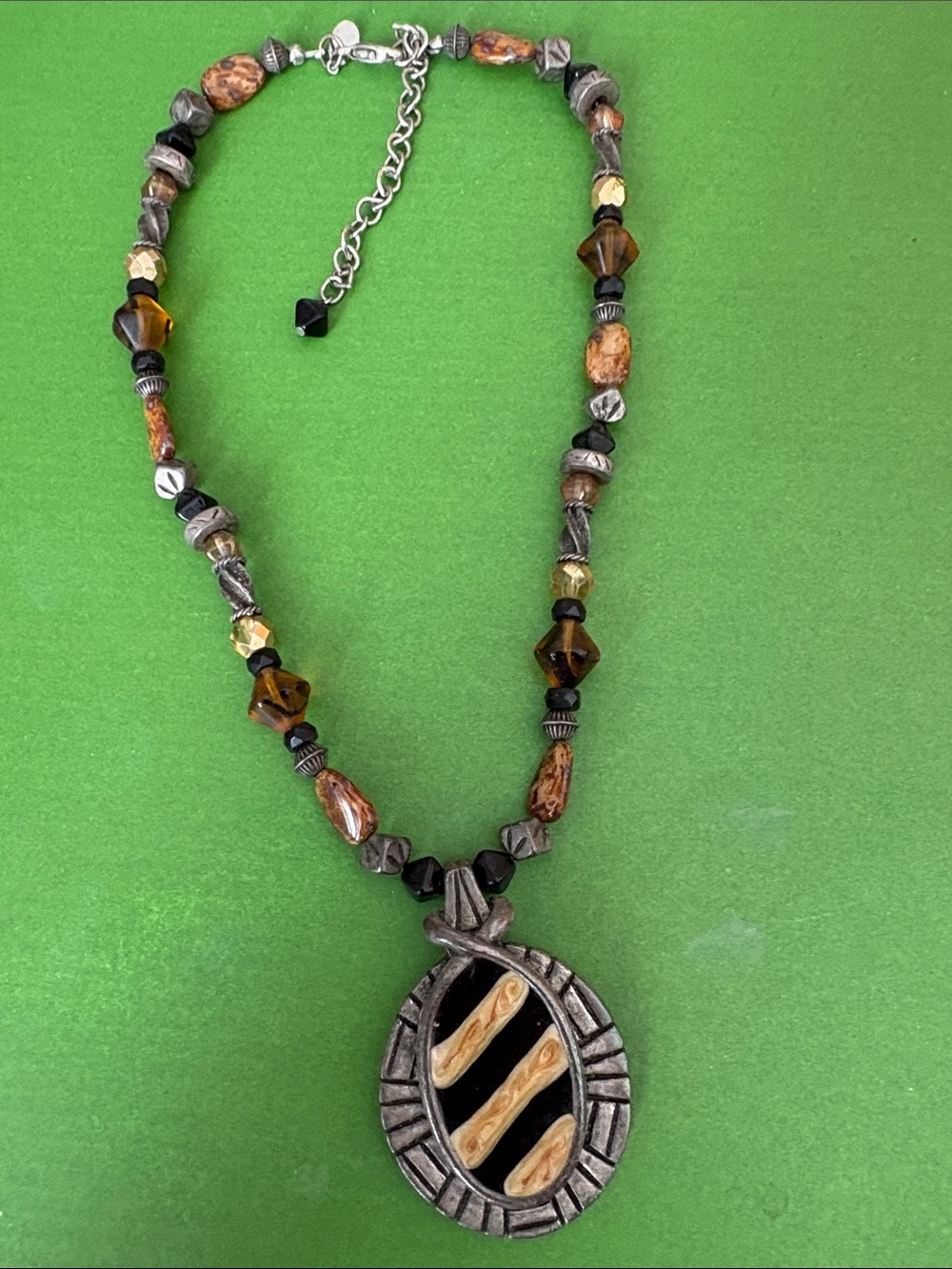 Chicos Boho Brown Stone Pendant Necklace with Silver-Tone Accents